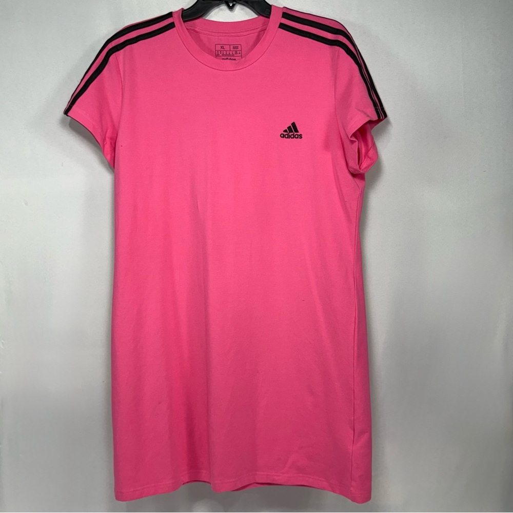 adidas Pink Midi T-Shirt Dress with Black Stripes